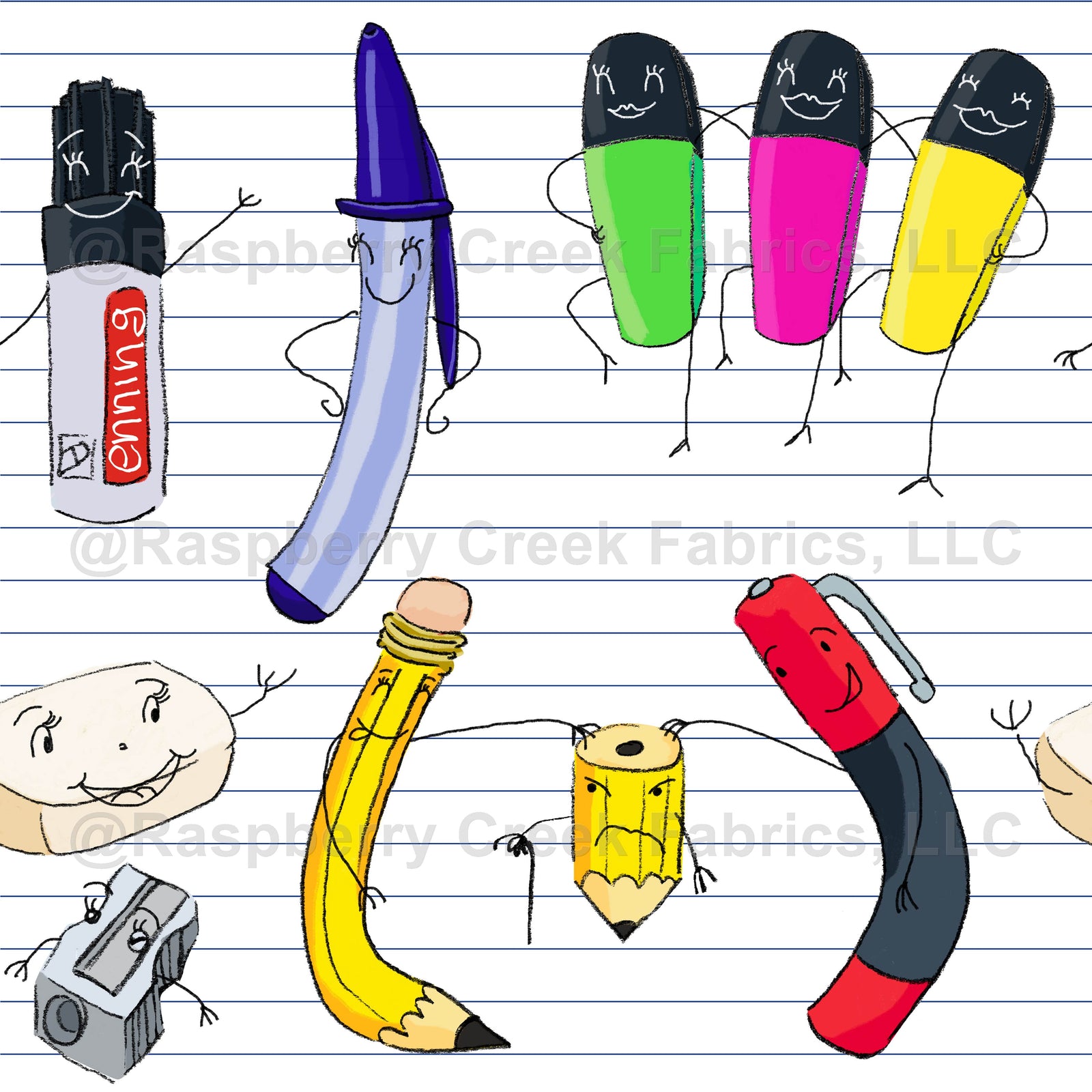 Pens and markers wallpaper, back to school funny fabric for kids, kids pattern seamless