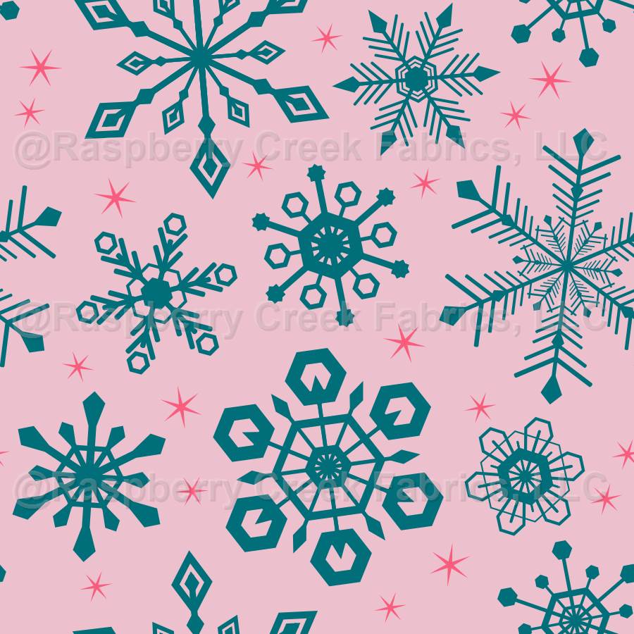 Mid-Century Modern Christmas Collection: Teal Blue Snowflakes with Pink Background