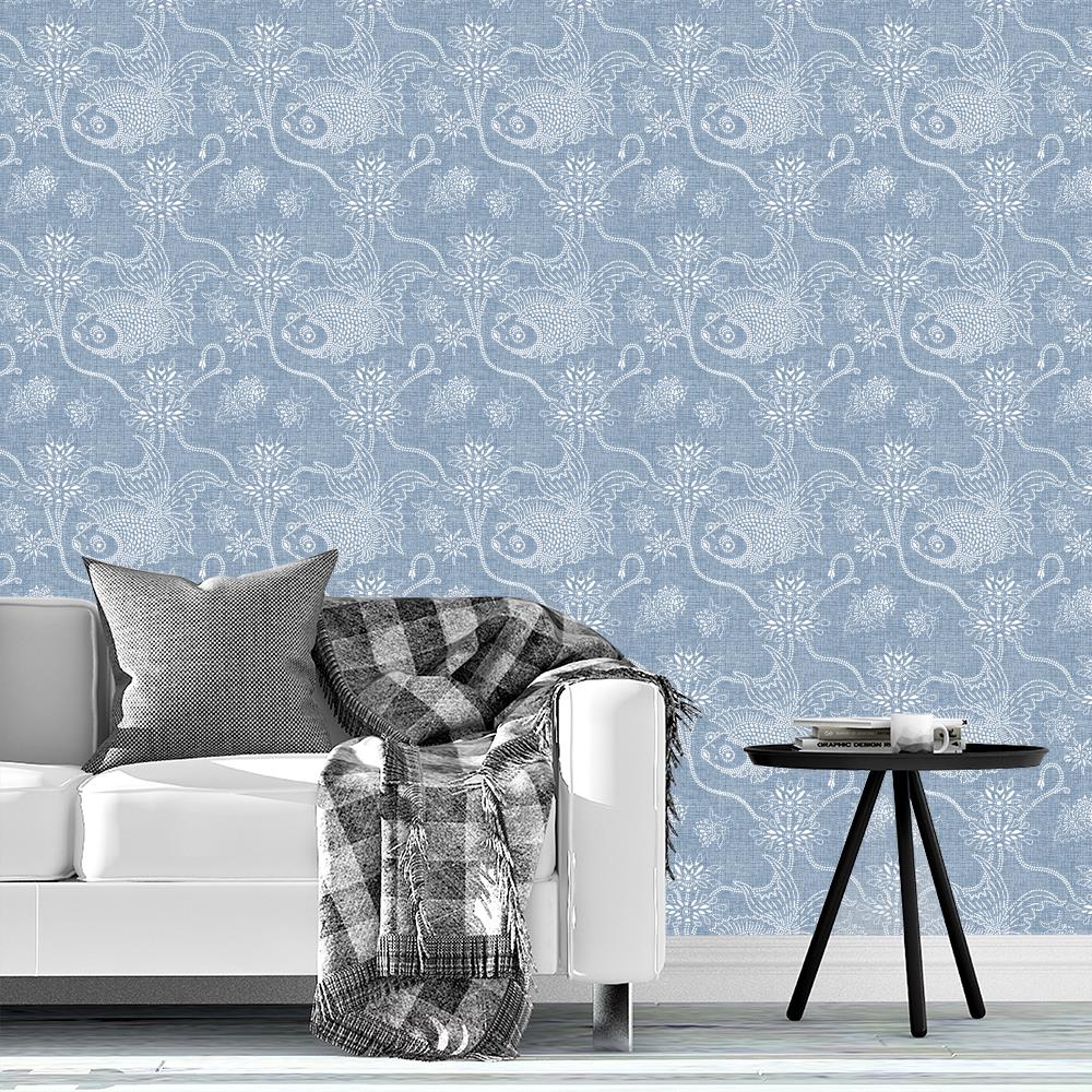 Koi pond with lotus flowers, Delft blue, white, rice cloth look, block print, Japanese gardens, Asian garden, Spa day, wallpaper