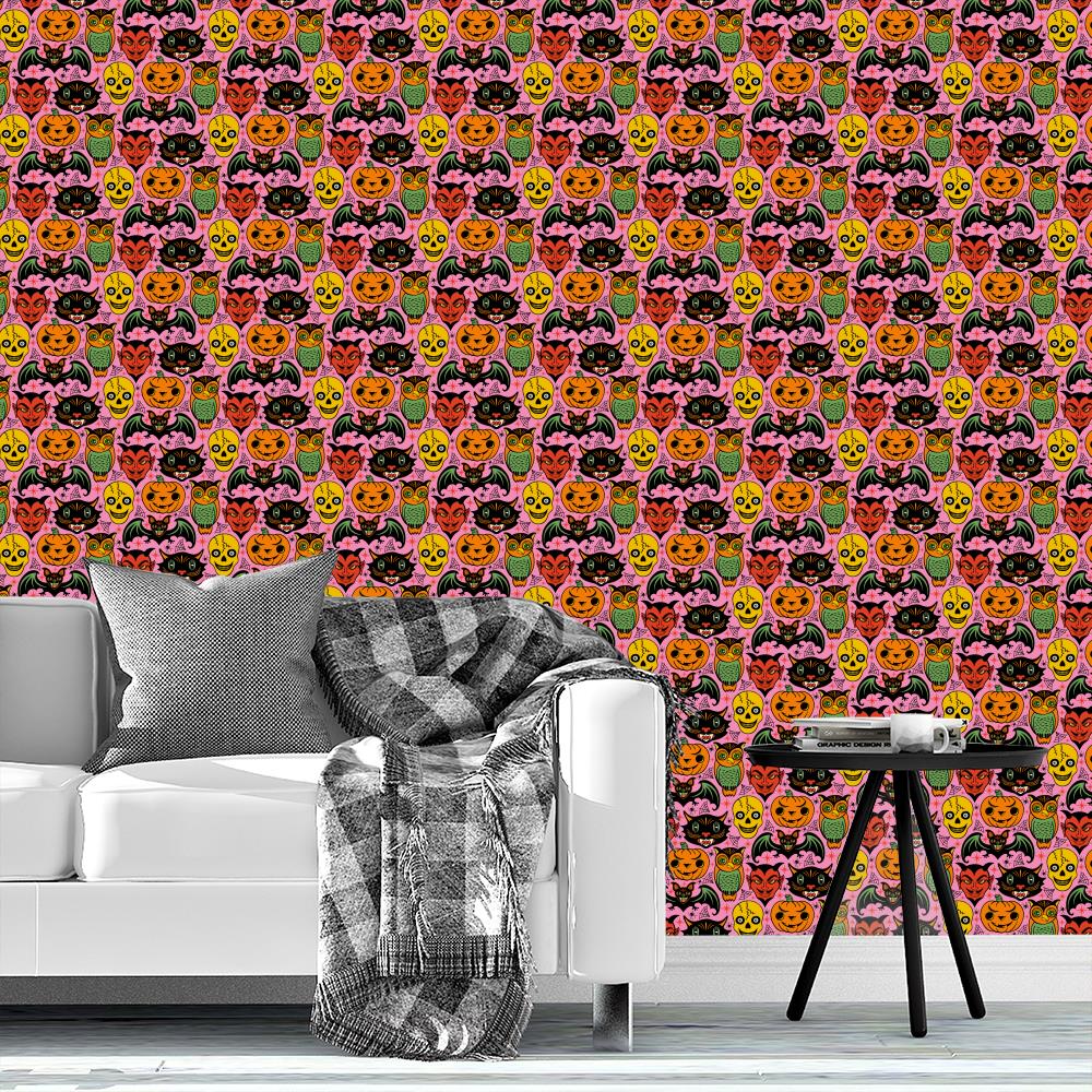 Spooky Season All Hallows Eve Retro Halloween Monsters in Pink