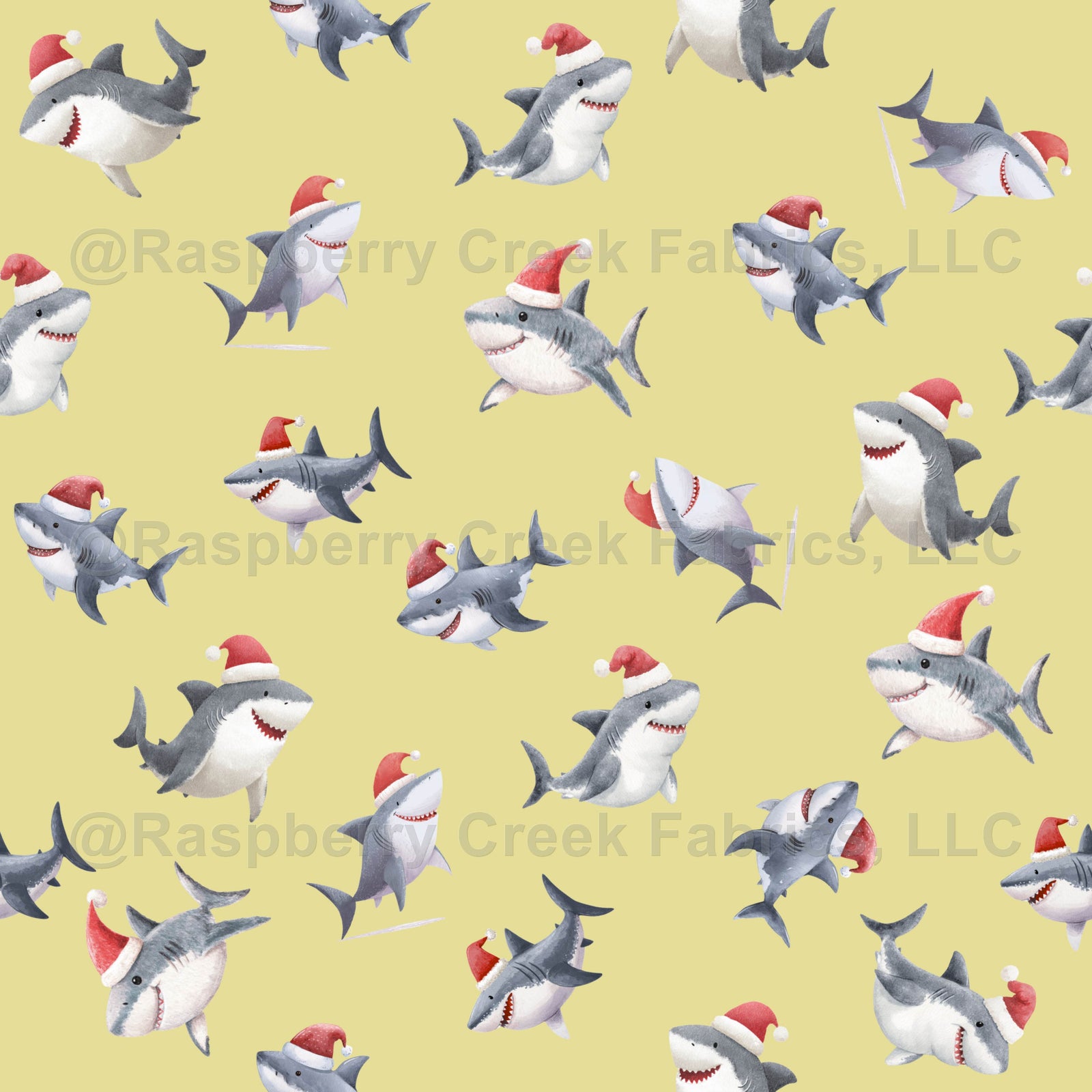 Tossed Christmas Sharks on Light Yellow