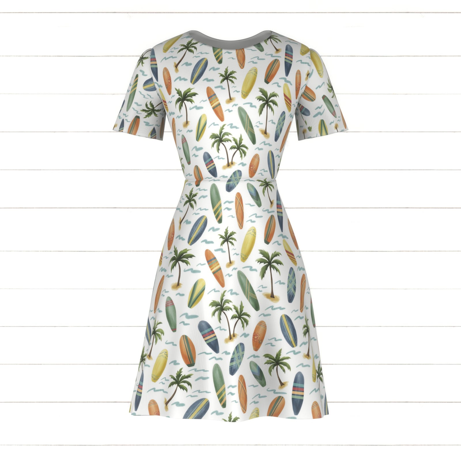Yellow Orange Denim Blue and Sage Green Palm Tree Surfboard Print Fabric, By Emily Ferguson