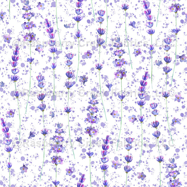 Lavender flowers and purple splashes watercolor seamless pattern on wh ...