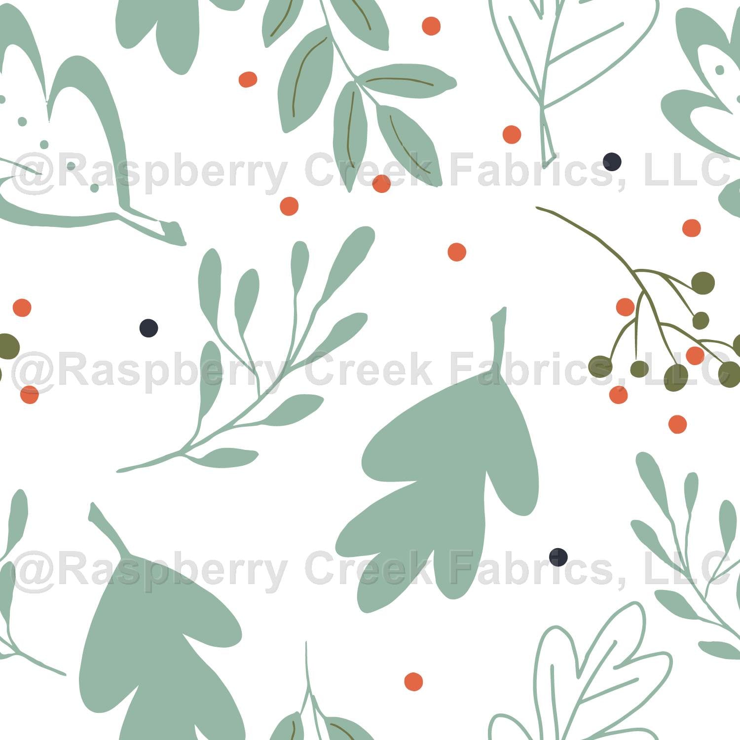 Winter Greenery and Berries Fabric, Raspberry Creek Fabrics