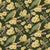 Yellow and green birds sitting on a branch full of flowers and lots of yellow flowers on a dark green color background. Image