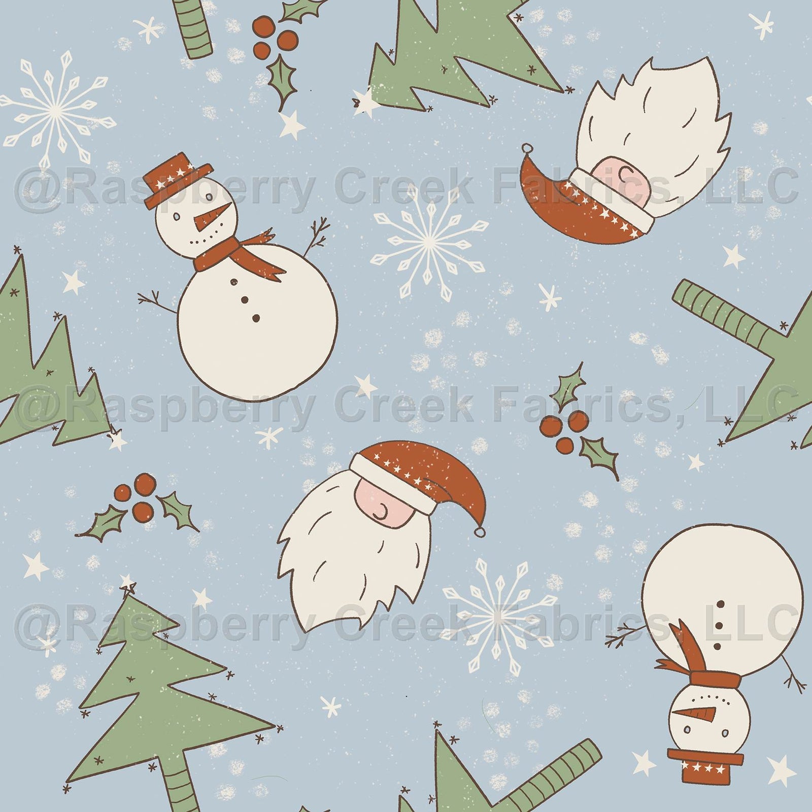 Christmas Santa Trees Snowman on Light blue
