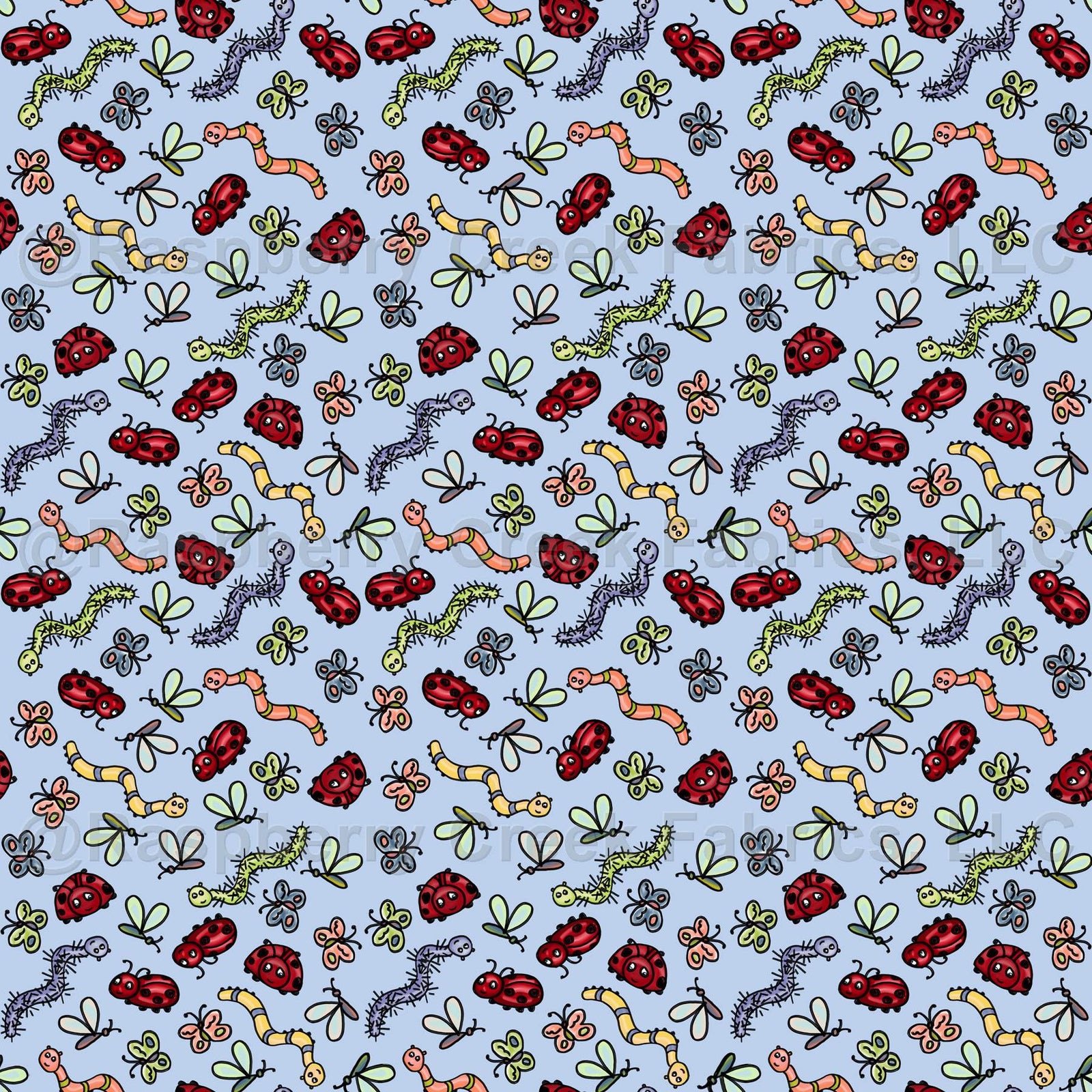 Doodlebugs and Caterpillars Ditsy on Chambray