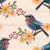 Painterly teal, blue, pink and orange birds pattern with orange flowers on dark blue background. Image