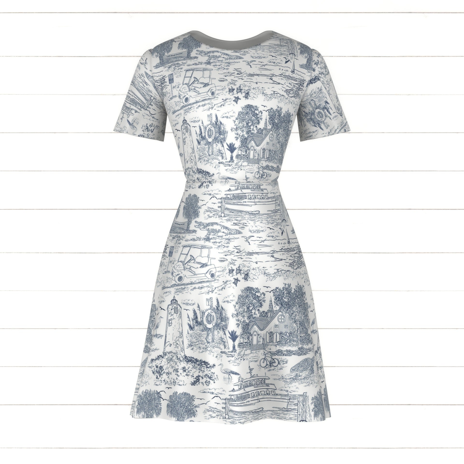 White dress with black toile de jouy print