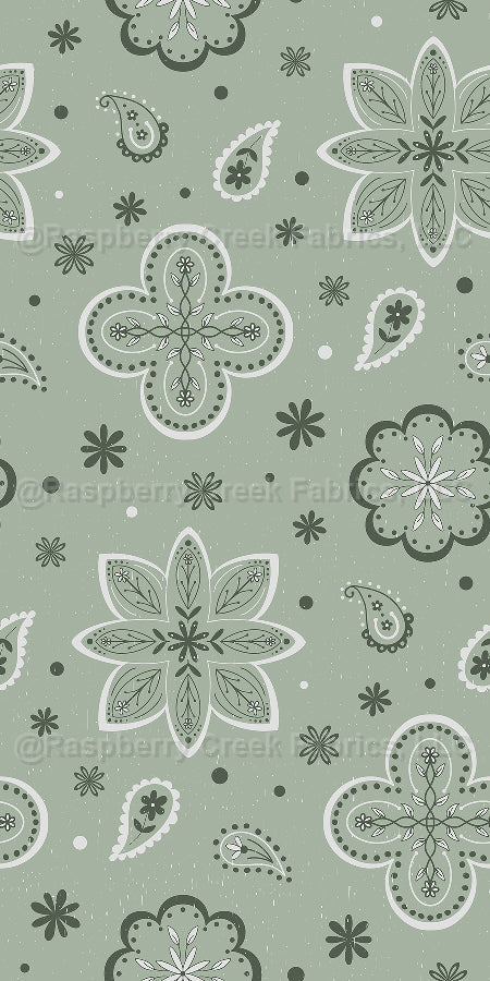 Miss Ava's Bandana Sage Fabric, Raspberry Creek Fabrics, watermarked