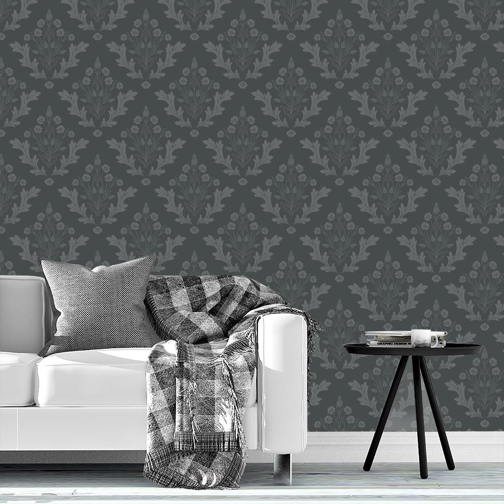 Meadow Finds Damask Storm wallpaper design by Lisee Ree | deep blue, gray, slate bue, navy blue flower damask pattern. Traditional, 2-tone damask with a modern twist.