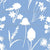 White flowers silhouettes on blue repeat pattern Image