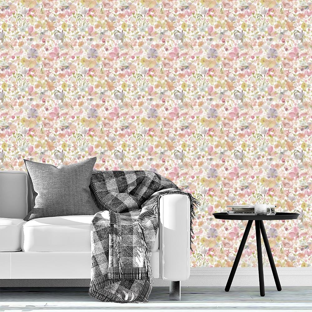 Watercolor Wildflower Meadow in Subtle Rainbow Wallpaper