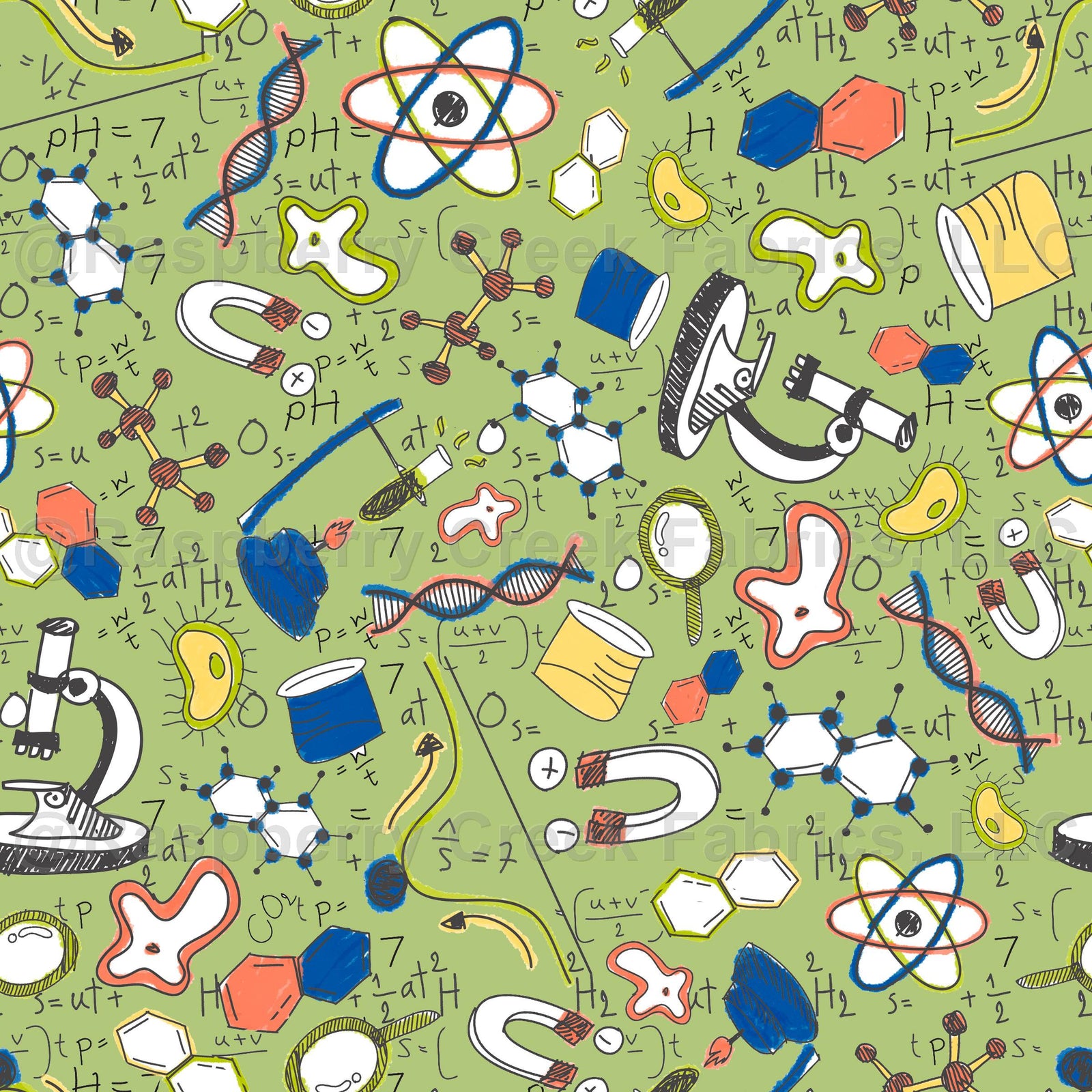 Spring Green Orange Royal Blue and Yellow Science Motif Print Fabric, Retro