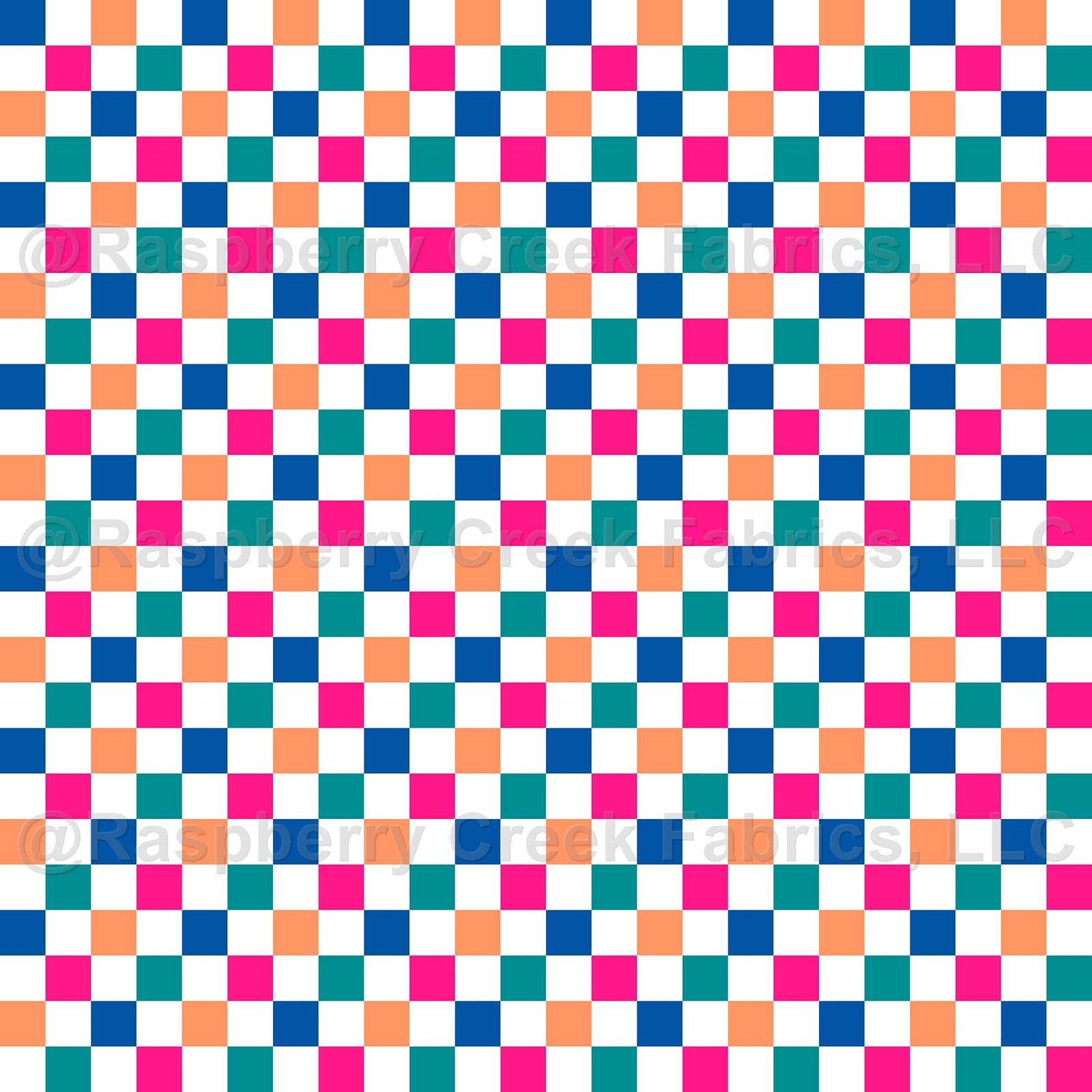 Lipstick Pink Royal Blue Peacock Orange and White Multi Checker Print Fabric, Happy by Diana Rammell