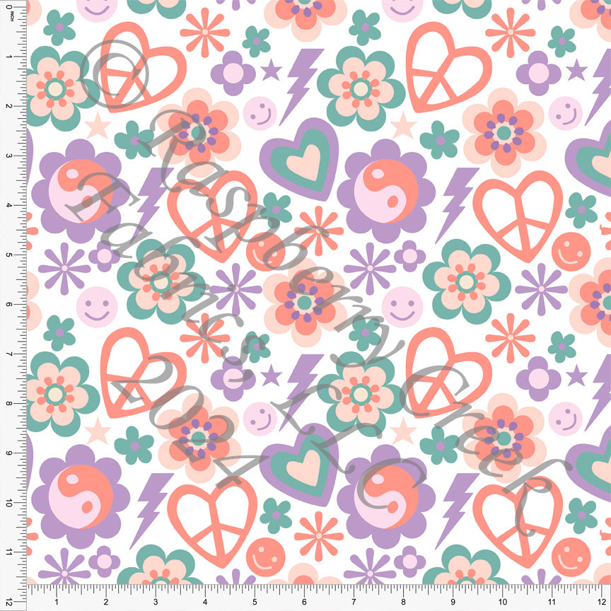 Dusty Green Dusty Purple Coral and Light Pink Peace and Love Floral Print Fabric, 90s for CLUB Fabrics
