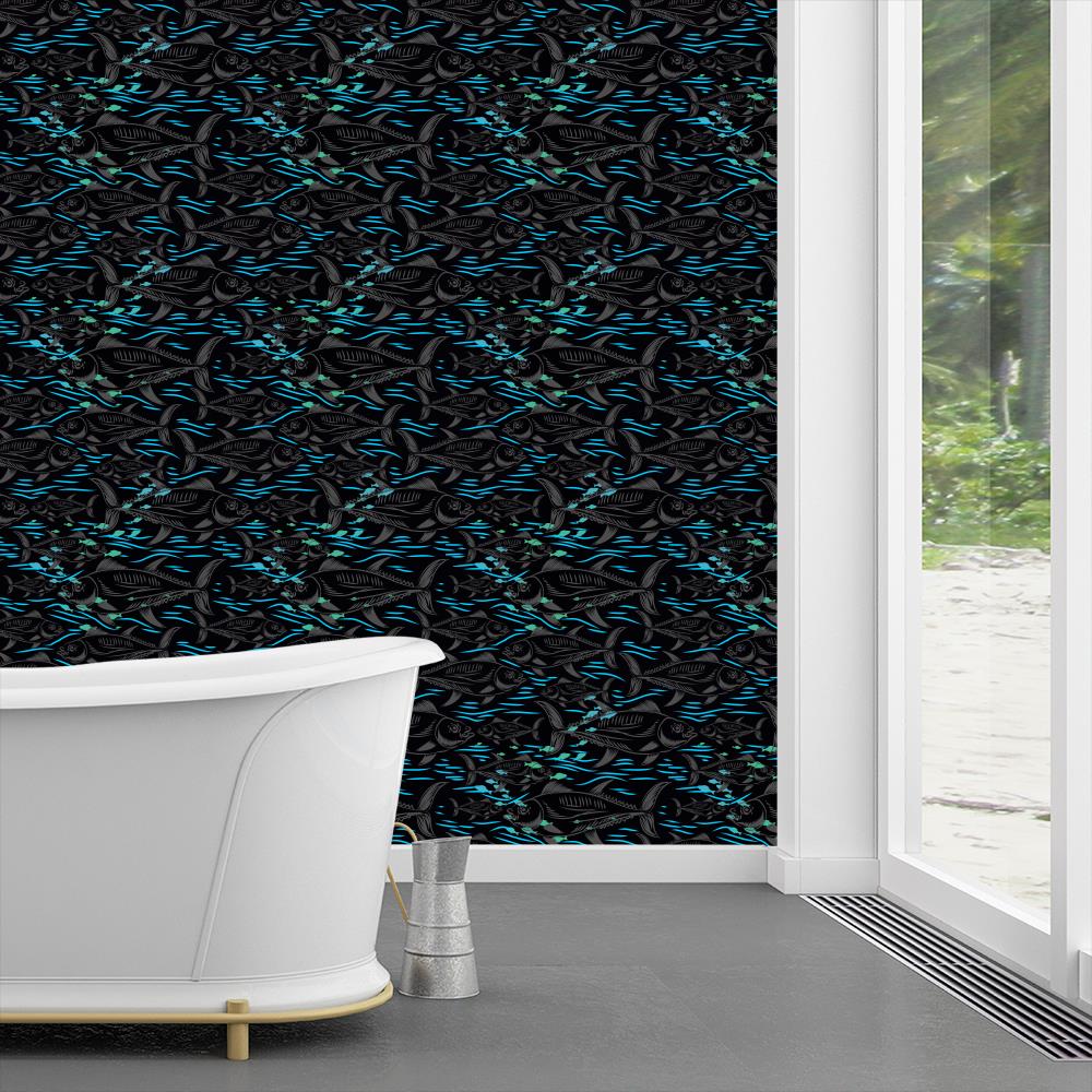 Electric Blue and Black Tropical Ocean Wallpaper ocean fish design, tropical wallpaper, Beach Collection