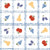 Apples Pears Grapes Plums in a Blue Checkered Grid Image