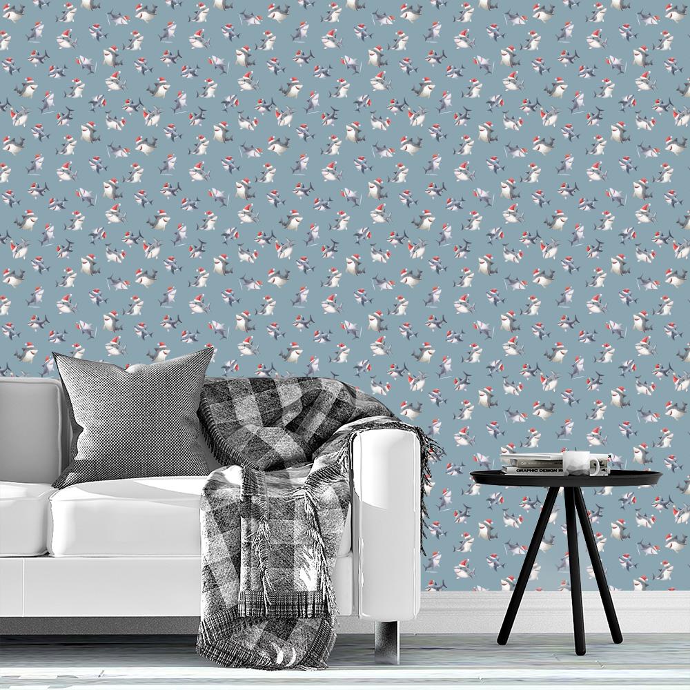 Tossed Christmas Sharks on Light Gray-Blue
