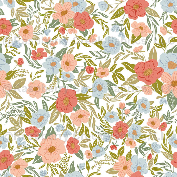 Tonal Coral Dusty Blue Lime Khaki Spring Floral Fabric, 2026 Florals b ...