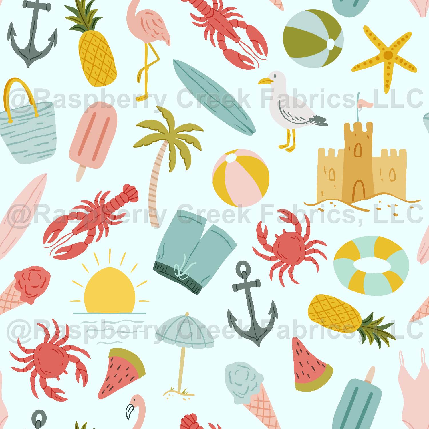 Light Mint Mustard Khaki Red Coral Lime Beachy Main Fabric, Beachy by Brittney Laidlaw