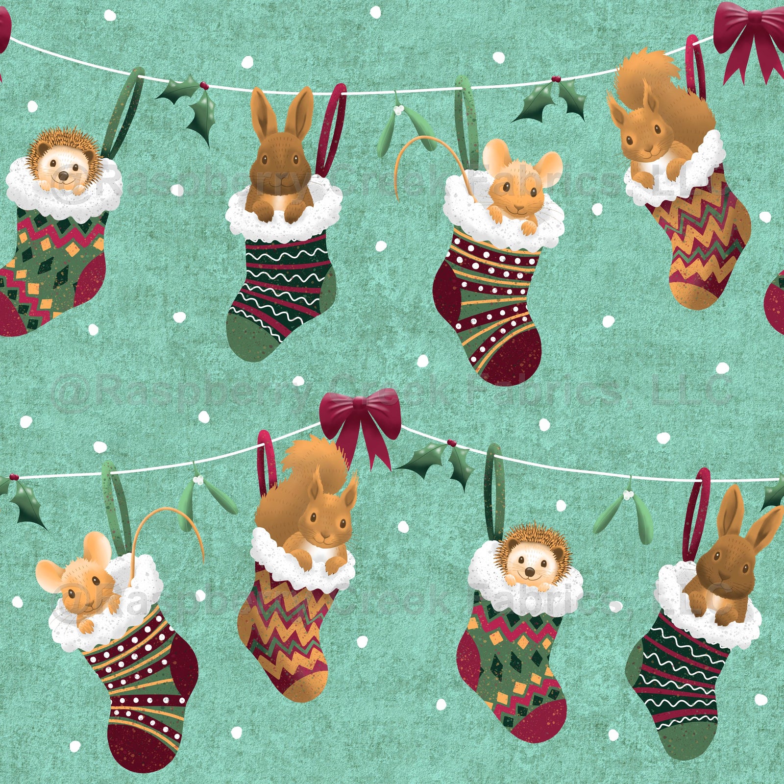 Festive Woodland Forest Friends in Christmas Stockings on Textured Aqua Green