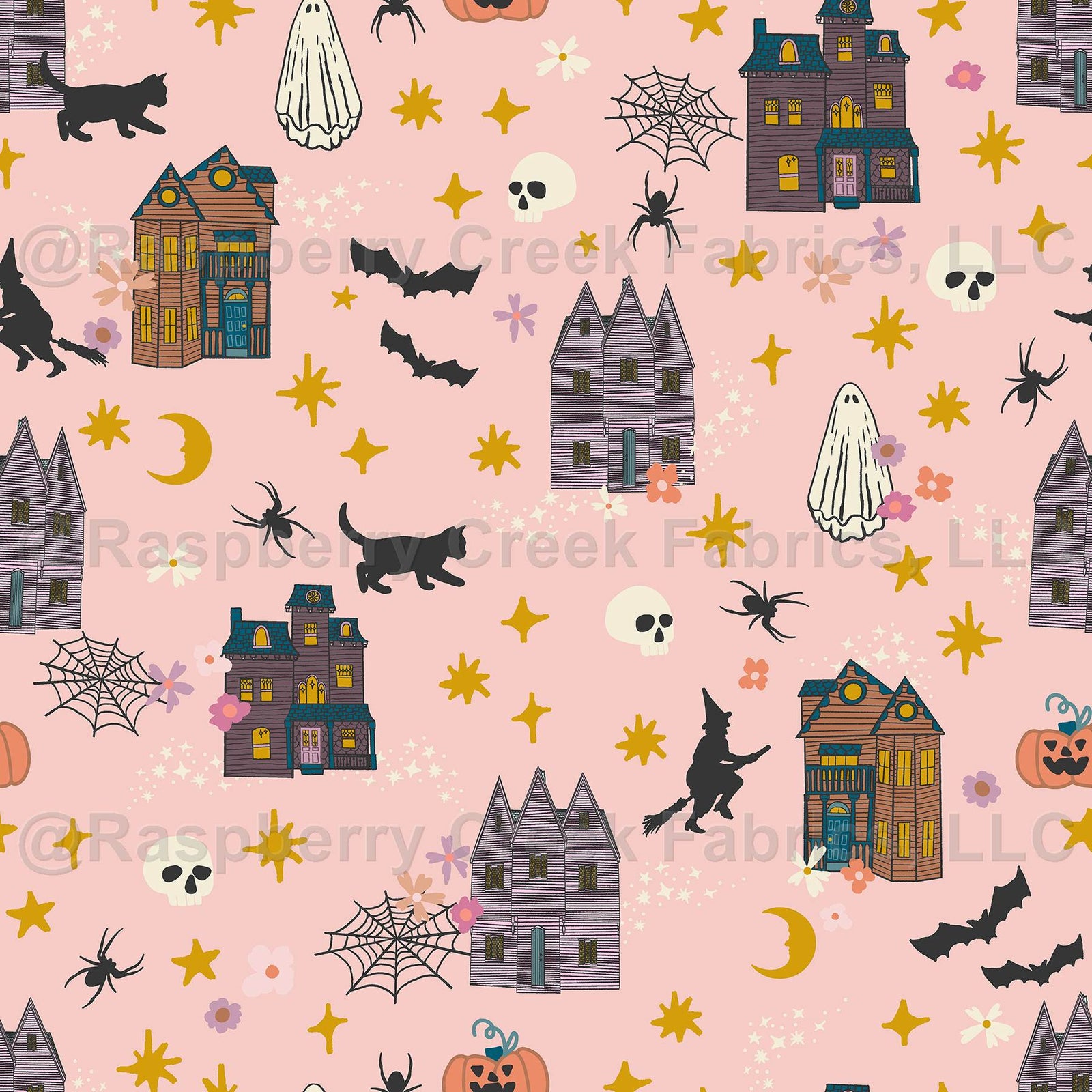 Coral Charcoal Orange Bright Pink Dusty Purple Mustard Teal Light Pink Halloween Town on Pink