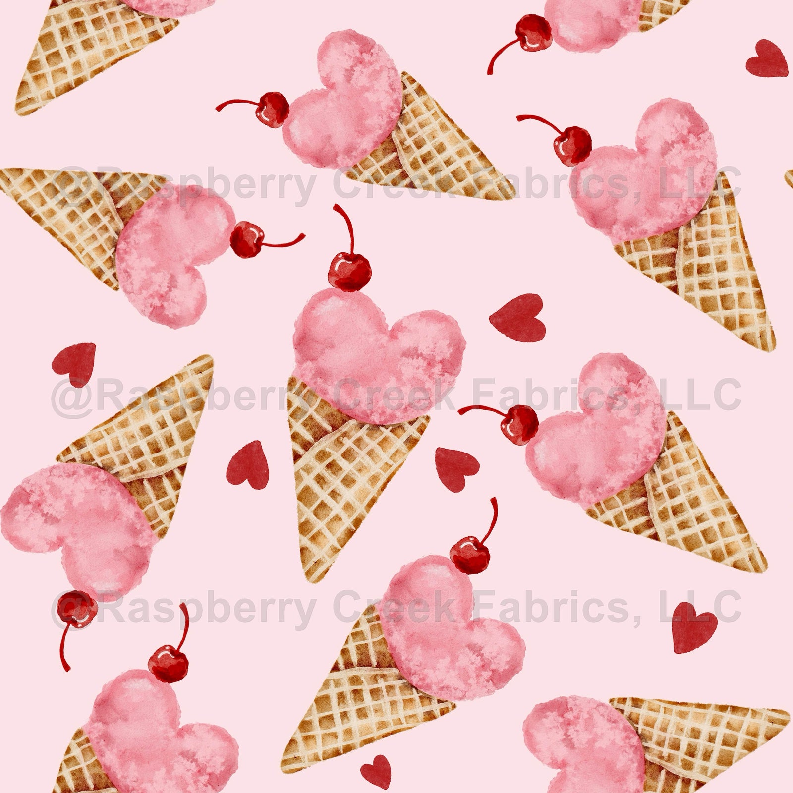 Pink, ice cream, Valentine’s Day, sweet, heart shape, cherries, waffle cone, women, kids, girls, red, watercolor