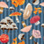 Cluster of Mushrooms on blue stripes - scattered colorful mushrooms - Cabin Country Collection Image