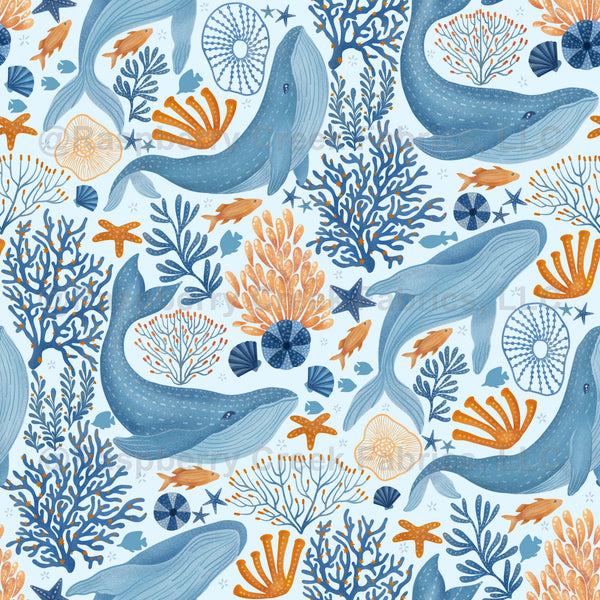 Whales in Enchanted blue Ocean - Raspberry Creek Fabrics