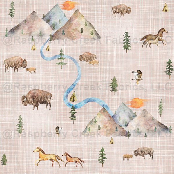 Yellowstone Western pattern with Horses and Bison on a pink linen back ...