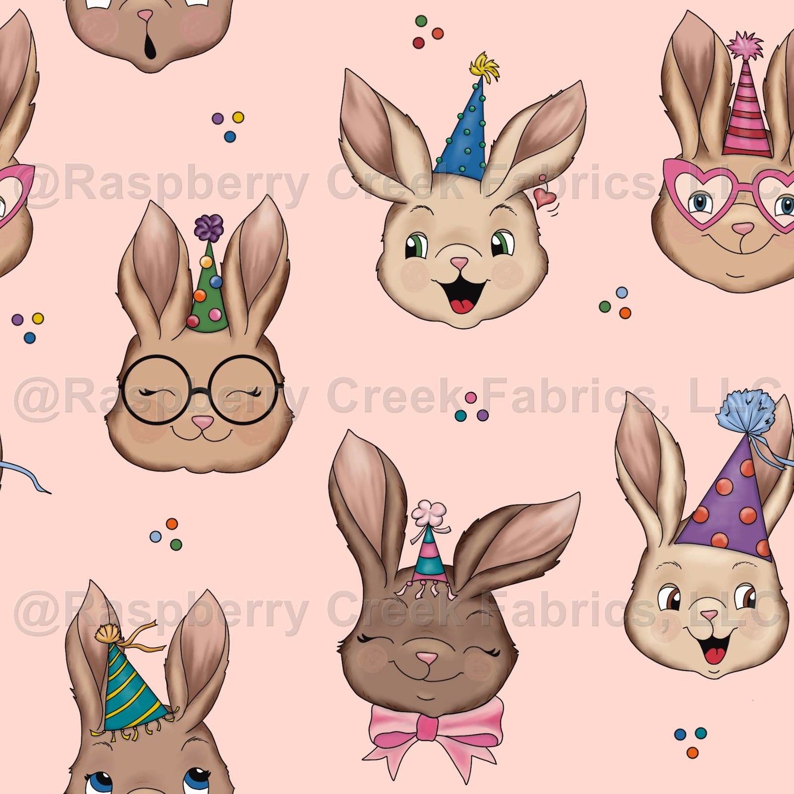 Party Bunnies on light pink by Lisa Wornham
