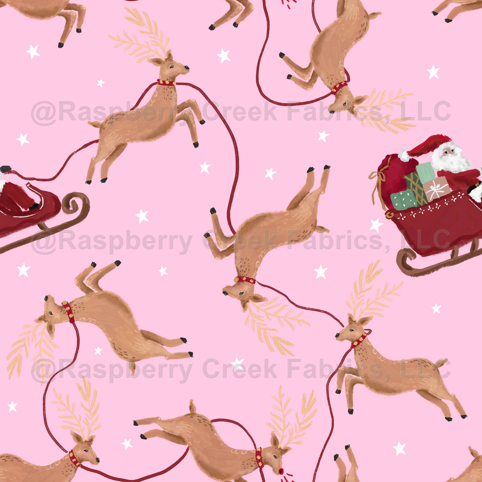Santa and Reindeer in Flight on Pink