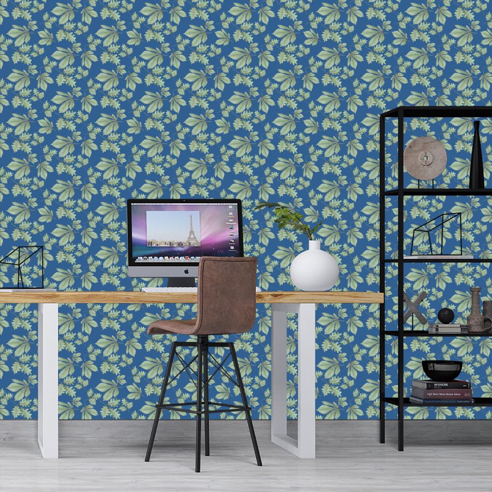 Oak and Chestnuts Leaves Wallpaper on Blue