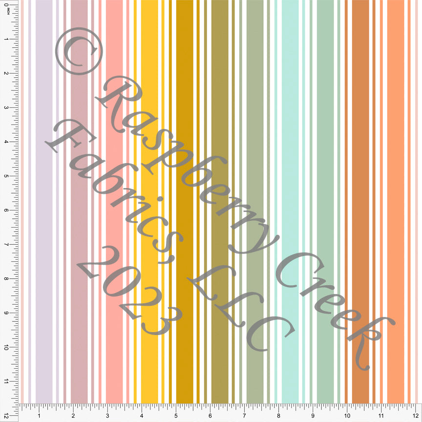 Clay Yellow Mint Green Mauve and Lilac Vertical Rainbow Multi Stripe Print Fabric, ABC By Kim Henrie for Club Fabrics