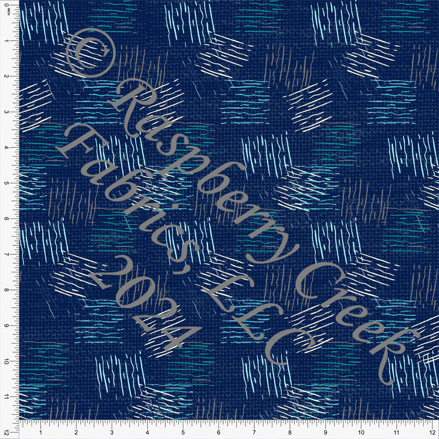 Navy Blue Grey Peacock and White Abstract Crosshatch Print Fabric, Abstract by Elise Peterson for Club Fabrics