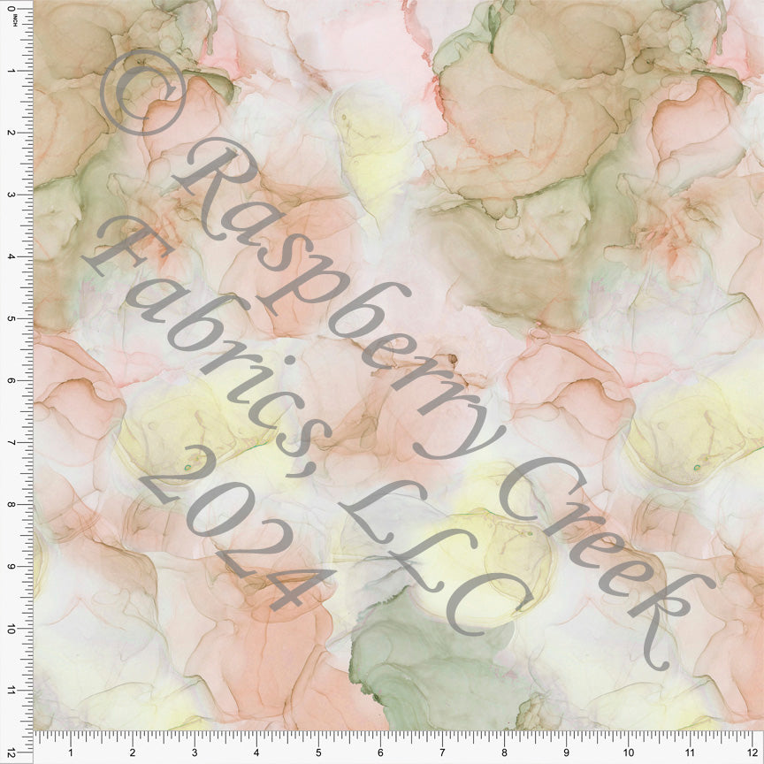 Sage Khaki Pale Yellow and Light Coral Earth Tone Alcohol Ink Print Fabric, Flowy Ink CLUB Fabrics