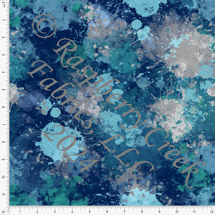 Navy Peacock Light Blue and Grey Paint Splatter Print Fabric, Abstract by Elise Peterson for Club Fabrics