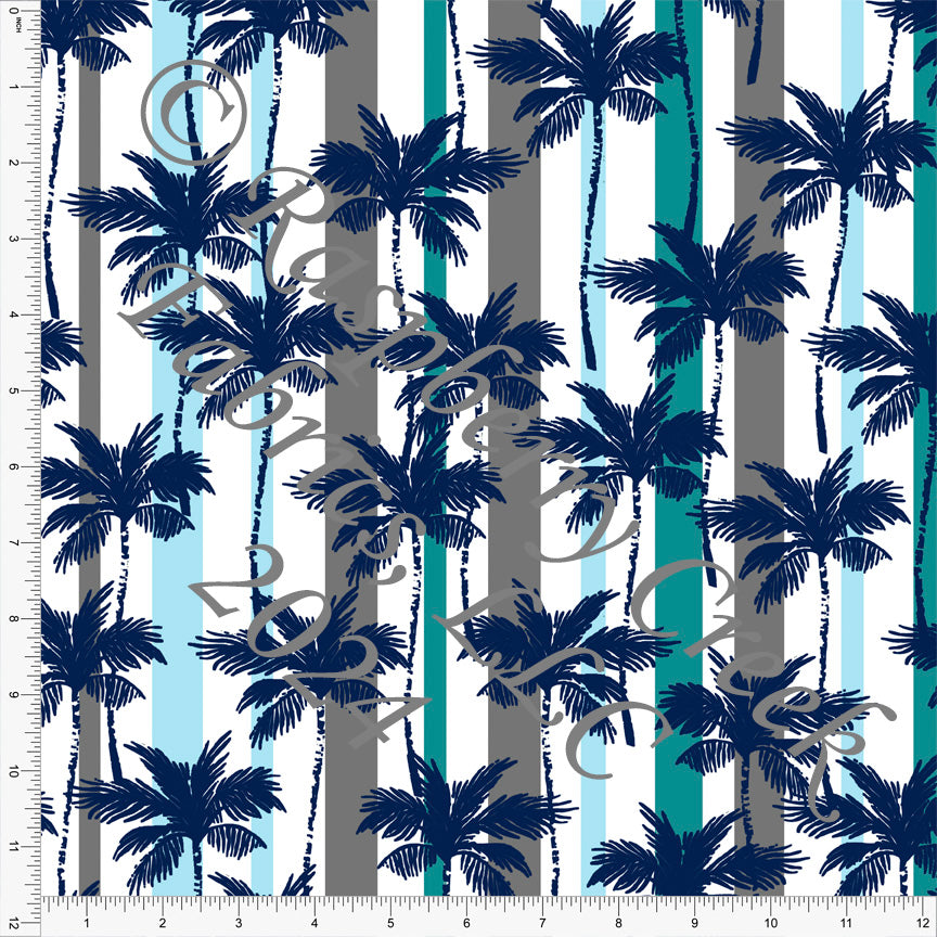 Grey Peacock Navy and White Palm Tree Stripe Print Fabric, Abstract by Elise Peterson for Club Fabrics