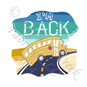 Navy Seafoam Red Mustard and White I'm Back School Bus Panel, All About School by Elise Peterson for Club Fabrics