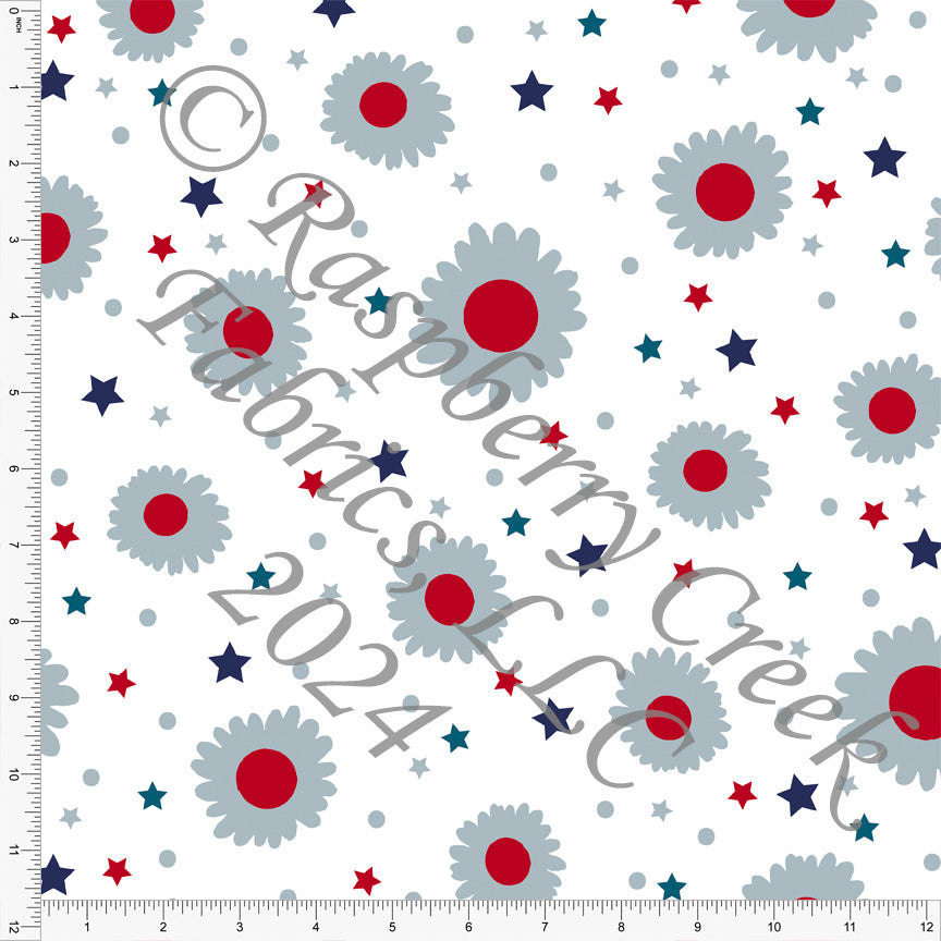 Red Navy Teal Steel Blue and White Star Daisy Print Fabric, America by Kim Henrie for CLUB Fabrics