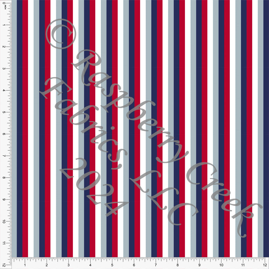 Red Navy Steel Blue and White Vertical Stripe Print Fabric, America by Kim Henrie for CLUB Fabrics