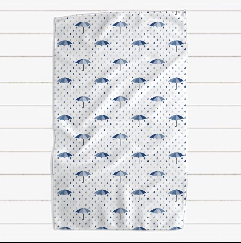 Tonal Blue Raindrop and Umbrella Waffle Towel