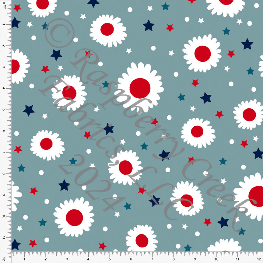 Dusty Blue Red Navy Teal and White Daisy Star Print Fabric, America by Kim Henrie CLUB Fabrics