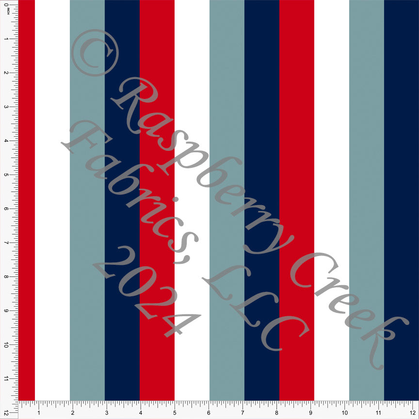 Dusty Blue Red Navy and White Vertical Stripe Print Fabric, America by Kim Henrie CLUB Fabrics