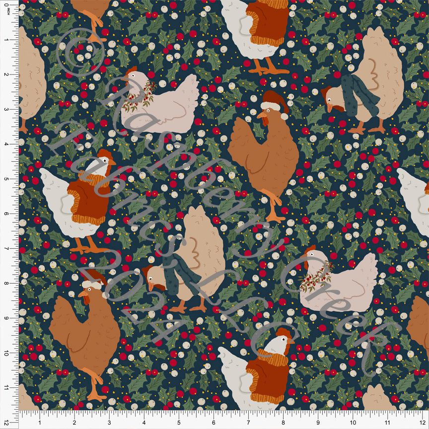 Midnight Red Olive Sage and Tan Christmas Chicken Print Fabric, Christmas Chickens by Brittney Laidlaw for CLUB Fabrics