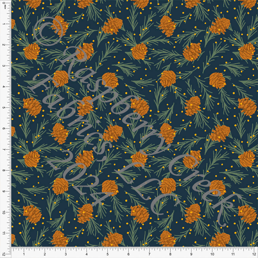 Midnight Sage Olive and Deep Mustard Pine Bough Print Fabric, Christmas Chickens by Brittney Laidlaw for CLUB Fabrics