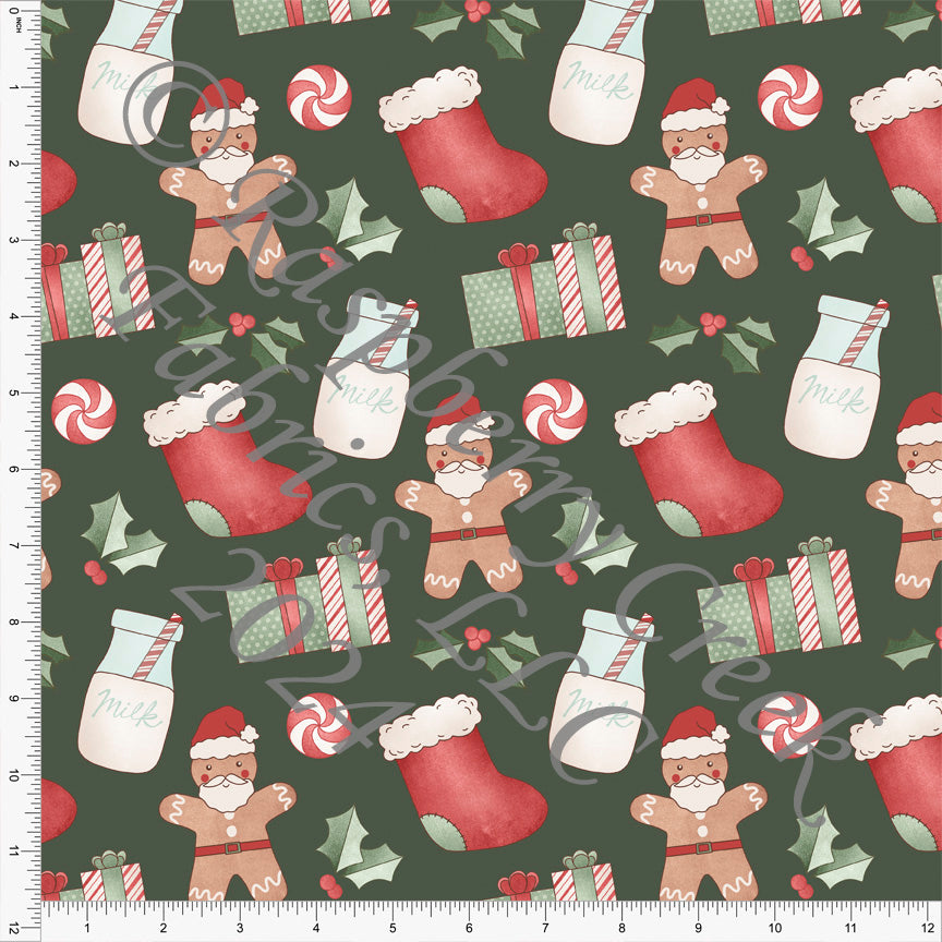 Olive Sage Red and Milk Chocolate Santa Stocking Present Print Fabric, Christmas Cookies by Krystal Winn Design for CLUB Fabrics