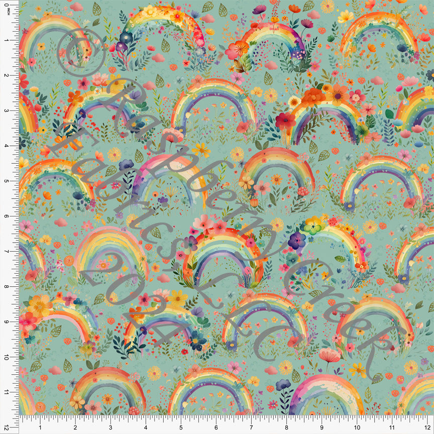Sage Red Yellow Orange Purple and Blue on Dusty Green Chasing Rainbow Floral Print Fabric,Heart of Gold by Bri Powell for CLUB Fabrics