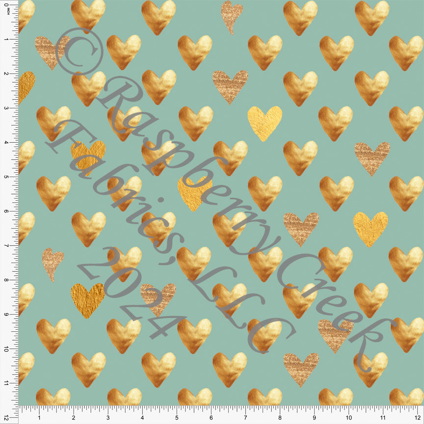 Tonal Gold Mustard on Dusty Green Heart Print Fabric,Heart of Gold by Bri Powell for CLUB Fabrics